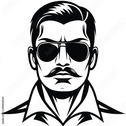 Silhouette of a Stylish Man with Mustache, Aviator Sunglasses, and Shirt Collar