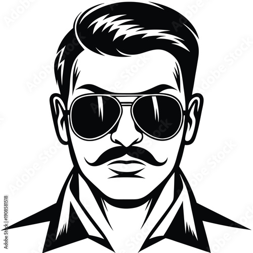 Black and white face of a man with mustache and sunglasses
