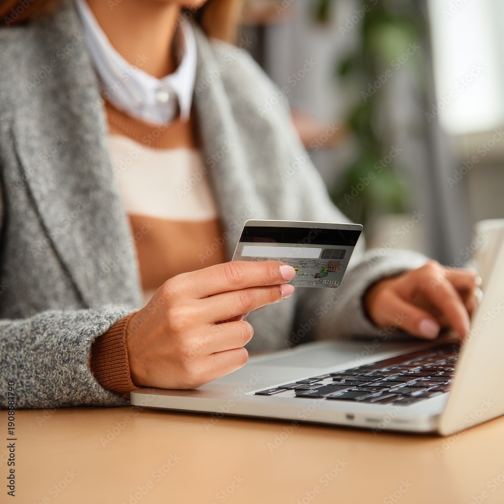 Fototapeta premium w over shoulder young woman holding credit card and shopping online on E-commerce website.