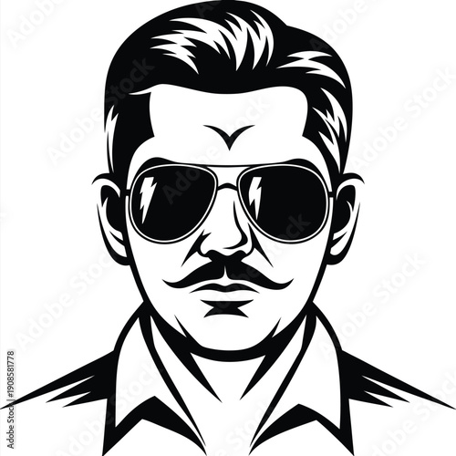 Bold Silhouette Portrait of a Caucasian Man with Aviator Sunglasses & Moustache