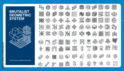 Brutalist Geometric System Outline Vector Icon Set – Abstract Shapes, Patterns, Grid, Cube, Mesh, Lattice, Structure UI Web App Editable Stroke Modern