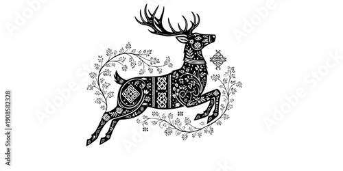 Modern folk art deer silhouette with floral ornaments, scandinavian style animal nature vector, traditional nordic ethnic motif for contemporary branding