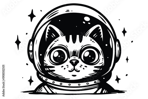 Cartoon Cat in Astronaut Helmet in Black and White, Stars, Cute Kitten
