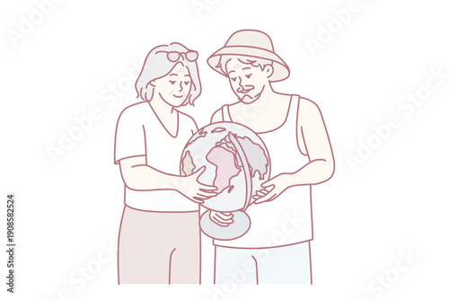 Elderly couple is considering globe choosing place for future trip or sightseeing tour. Mature gray-haired man and woman choose continent or state for life after retirement. Flat vector illustration