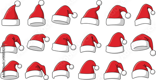 Large collection of red Santa Claus hat vectors with white fur trim and pom poms in various shapes and positions for Christmas holiday seasonal celebration designs.
