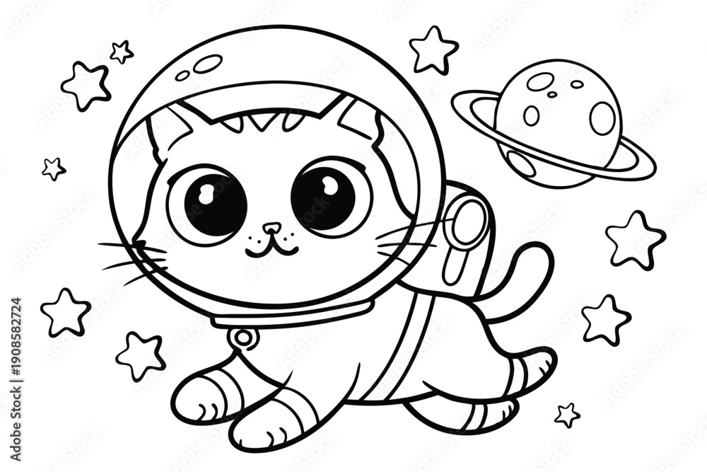 Obraz premium Cartoon Cat Astronaut in Space Helmet with Planets and Stars in Black and White