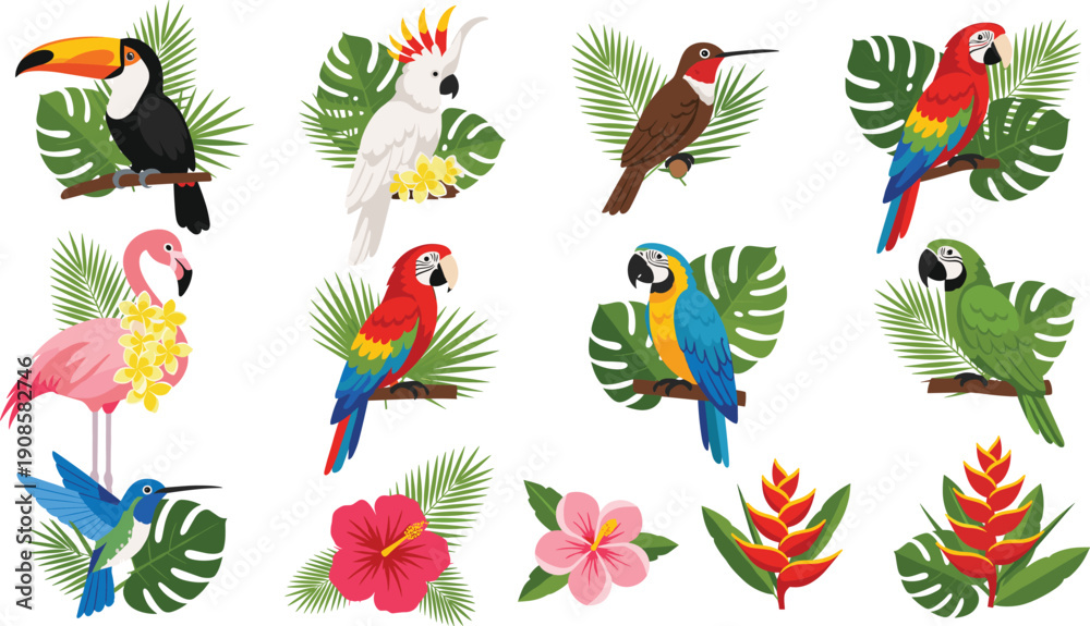 Naklejka premium Colorful vector collection of exotic tropical birds including parrots macaws and toucans perched on jungle branches with lush green palm leaves and flowers.