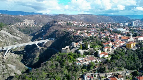 Combining history and modernity: Trsat Castle overlooks the Rjecina Valley, with the impressive Rjecina Viaduct spanning the gorge. A stunning aerial view of Rijeka, Croatia.