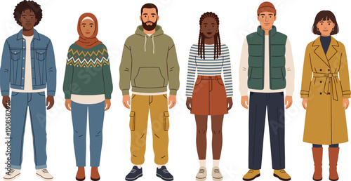Diverse group of multiracial young people wearing casual autumn clothing, standing together in stylish fall outfits, isolated vector illustration