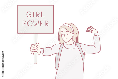 Beautiful woman demonstrates sign with text girl power fighting for equality and female rights. Lady activist with backpack promotes feminist values showing muscles on arm. Flat vector design