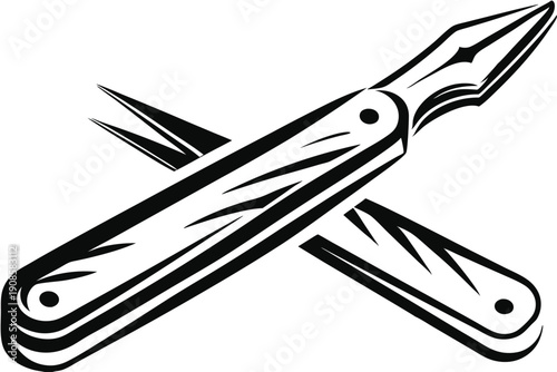Monochrome Crossed Pocketknife, Tweezers. Black And White Cutout Illustration. 85 characters