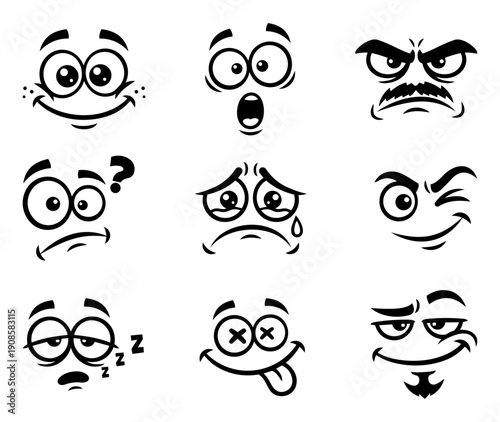 Set of Cartoon Facial Expressions Vector Icons, Funny Comic Face Emojis Isolated on White Background