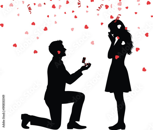 Romantic silhouette of man proposing marriage on one knee to surprised woman with falling heart petals symbolizing love, commitment, engagement and emotional connection on white background