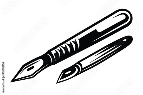 Isolated Antique Ink Pen Illustrations Black and White Quill Pen Art Design. 88 char