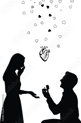 Romantic silhouette of man proposing to woman with floating heart and love symbols representing commitment, affection, emotional connection and engagement on clean white background