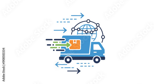 Delivery Truck with Package and Logistics Arrows.