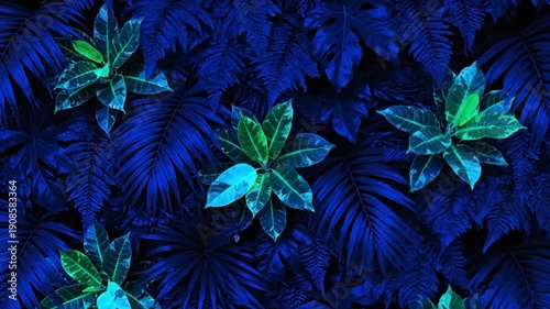 Vibrant blue and green exotic foliage showcasing a tropical jungle's lush and vibrant beauty with a mystical glow