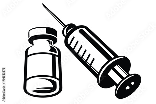 Vial And Syringe Icon, Monochrome Of Medical Injection And Glass Bottle