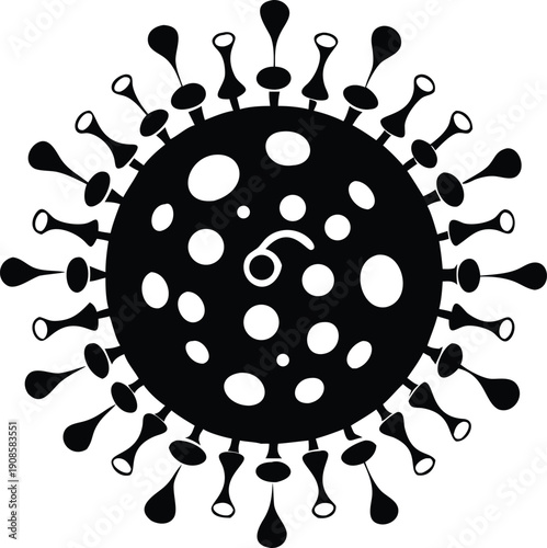Corona Styled Silhouette of Spiked Orb with Spots on White Backdrop, Viral Motif