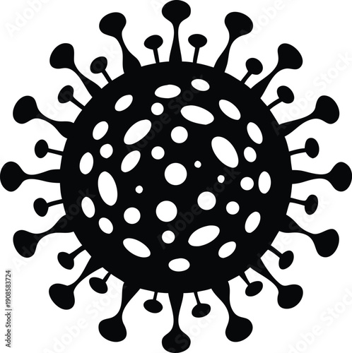 Black Silhouette of Round Virus with Spikes and Inner Spots on White Background