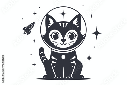 Black Cat in Spacesuit Silhouette with Stars and Rocket, Isolated on White Background