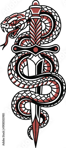 Traditional tattoo style illustration of a coiled snake wrapped around a dagger, symbolizing betrayal or protection.