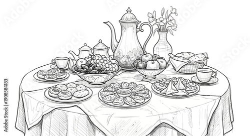 A table set for a meal with various dishes and a teapot from an overhead viewpoint