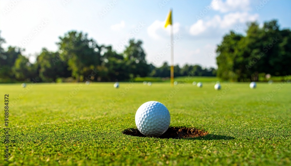 Obraz premium Golf ball balanced on tee near freshly cut hole on green fairway, shallow depth, bright daylight, outdoor sports photography, clean composition, calm, precision, focus