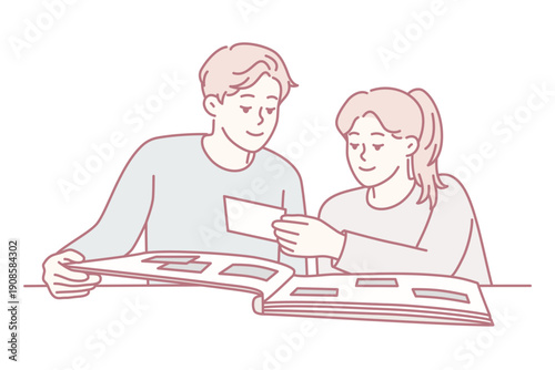 Happy couple man and woman looking at family photo album with pictures from wedding or vacation. Casual guy and girl sits at table remember past together enjoy watching photo cards. Flat vector image