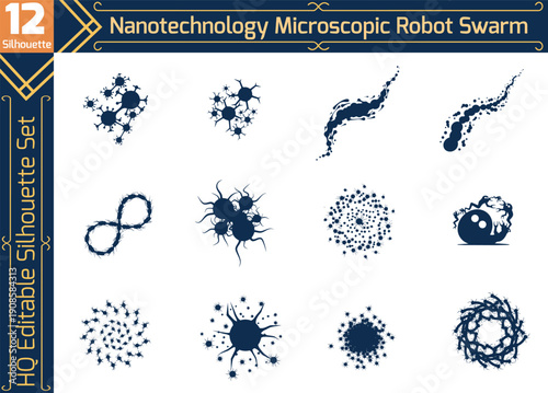 Nanotechnology Microscopic Robot Swarm Silhouette Set - Futuristic Medical Nanobots and Biotechnology Vector Icons for Science and Research Design