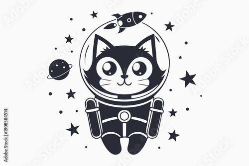Cat Astronaut Illustration, Space Rocket, Planet, Stars Monochromatic Space Theme