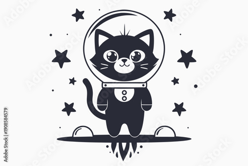 Cartoon Silhouette Cat Astronaut Floating in Space with Stars and Rocket Flames Art