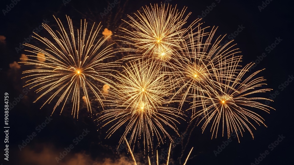 Obraz premium Vibrant fireworks exploding in night sky with golden light