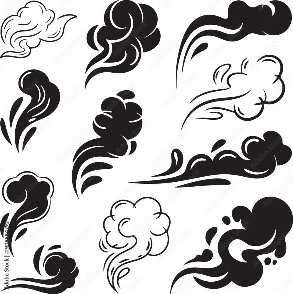 Fototapeta premium Smoke cloud set of black vector illustration shapes for steam effect design
