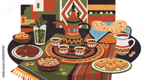 Vibrant cultural tea setting with assorted pastries and snacks on a decorative tablecloth