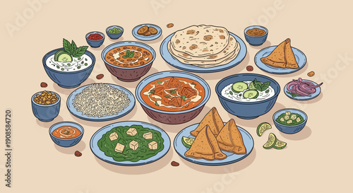 Assorted Indian cuisine delicacies displayed on multiple plates and bowls from an overhead view