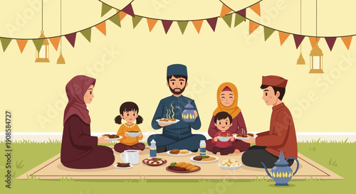 Family gathering together for a festive meal under colorful triangular flags hanging from above in a serene environment from a front viewpoint