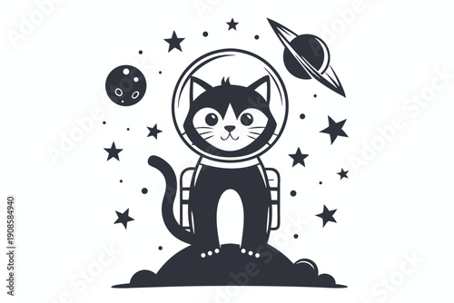 Linear Drawing of Cat Astronaut in Spacesuit with Planets and Stars in Space