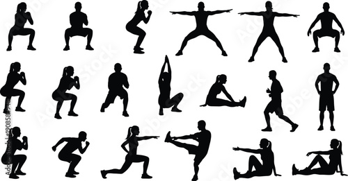 Fitness exercise silhouettes collection, men and women workout poses, strength training yoga stretching, healthy lifestyle vector illustration