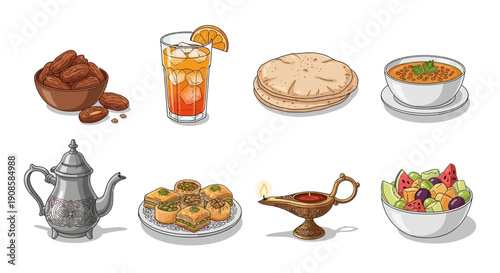 Assorted Middle Eastern cuisine and traditional items on display, featuring food, lamp, and teapot in a flat lay illustration