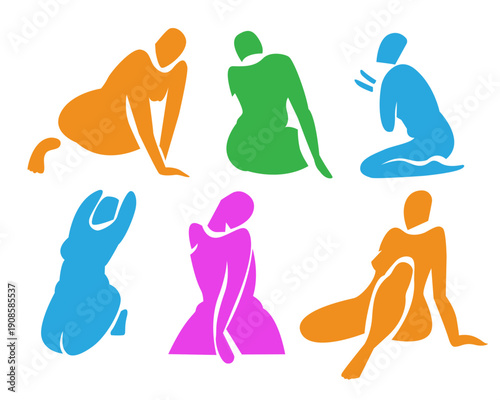 Woman contemporary abstract figures silhouette, hand drawn cut out feminine form different poses. Flat collage mid-century style, applique unique design, female shape poster, decorative art. Isolated.