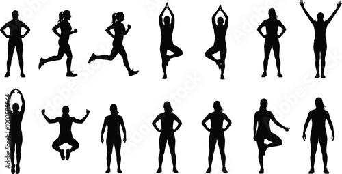 Female fitness silhouette set showing workout yoga running stretching strength training poses isolated on white background healthy lifestyle illustration