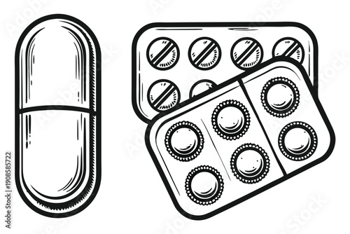 Black and white sketch of a capsule and two blister packs with round pills inside