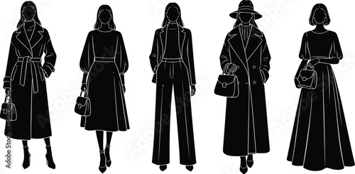 Collection of elegant female silhouettes wearing stylish autumn coats, long dresses, and modern trousers with handbags isolated on white background,