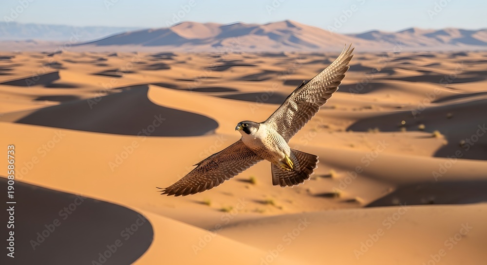 Naklejka premium Majestic peregrine falcon with widespread wings soars dynamically above sweeping golden sand dunes under bright daylight illumination.