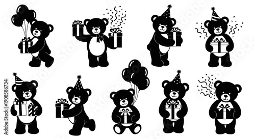 A collection of monochrome teddy bears holding gifts and balloons all wearing festive party hats high quality professional detailed