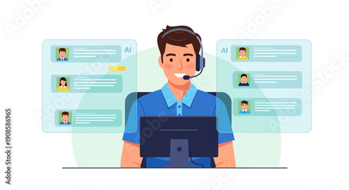 Illustration of a customer service representative wearing a headset while working on a computer with chat windows on the screen in a minimalist setting.