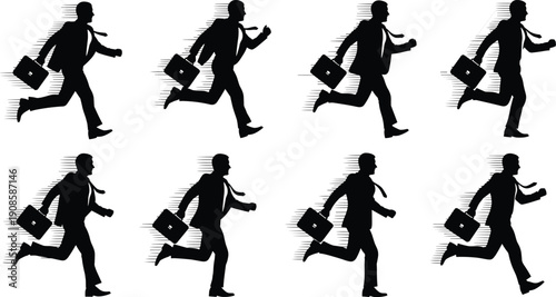 Running businessman silhouettes collection isolated on white background corporate hurry speed motion career deadline black vector illustration set