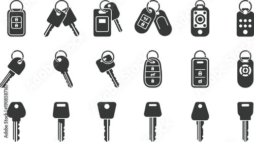 Car key icons set, house keys collection, security lock symbols, vehicle remote controls, locksmith equipment illustration bundle