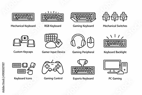 Gaming keyboard and esports accessory icon set including mechanical switches, controller, headset and PC setup. Minimal outline vector collection for tech and gaming design.